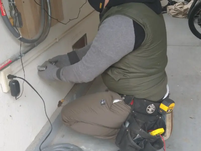 Electrician performing outlet wiring in a Shaftsbury garage